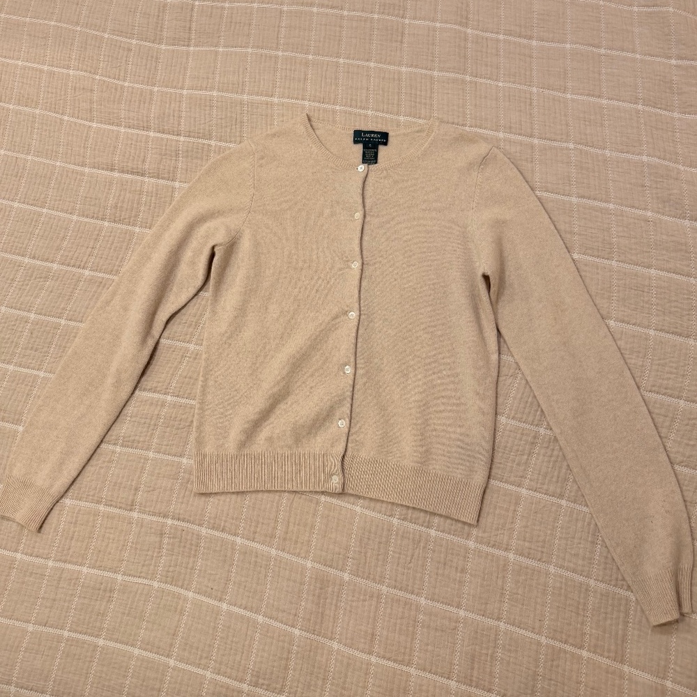 Lauren Ralph Lauren 100% Cashmere Button-Front Cardigan Sweater | Neutral Beige